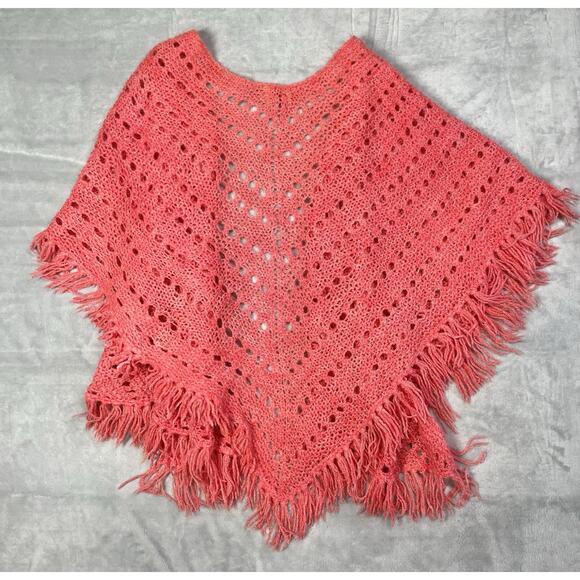 Handmade Crochet Triangle Shawl Coral Pink Grandmacore Boho Festival Fringe VTG - Picture 1 of 9